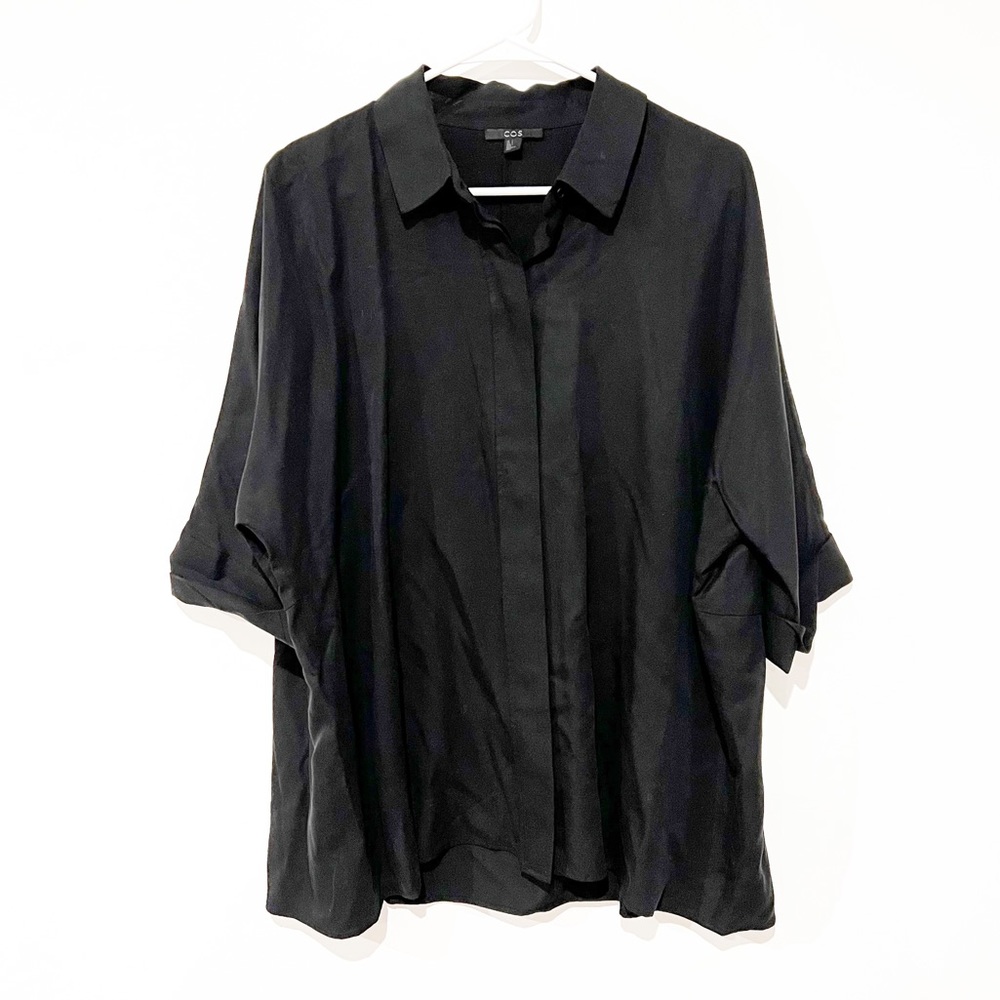 COS Slouchy Button Up Front Collared Short Rolled Sleeve Black Lyocell Blouse